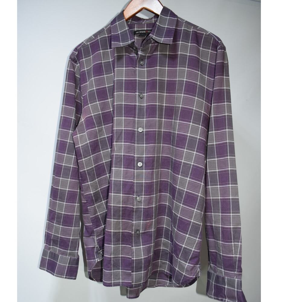 John Varvatos USA Purple Gray Plaid Long Sleeve Button Front Shirt Men's Medium